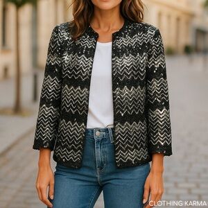 Lee Jordan 80's Vintage Chevron Sequin Cardigan Open Front Evening Jacket